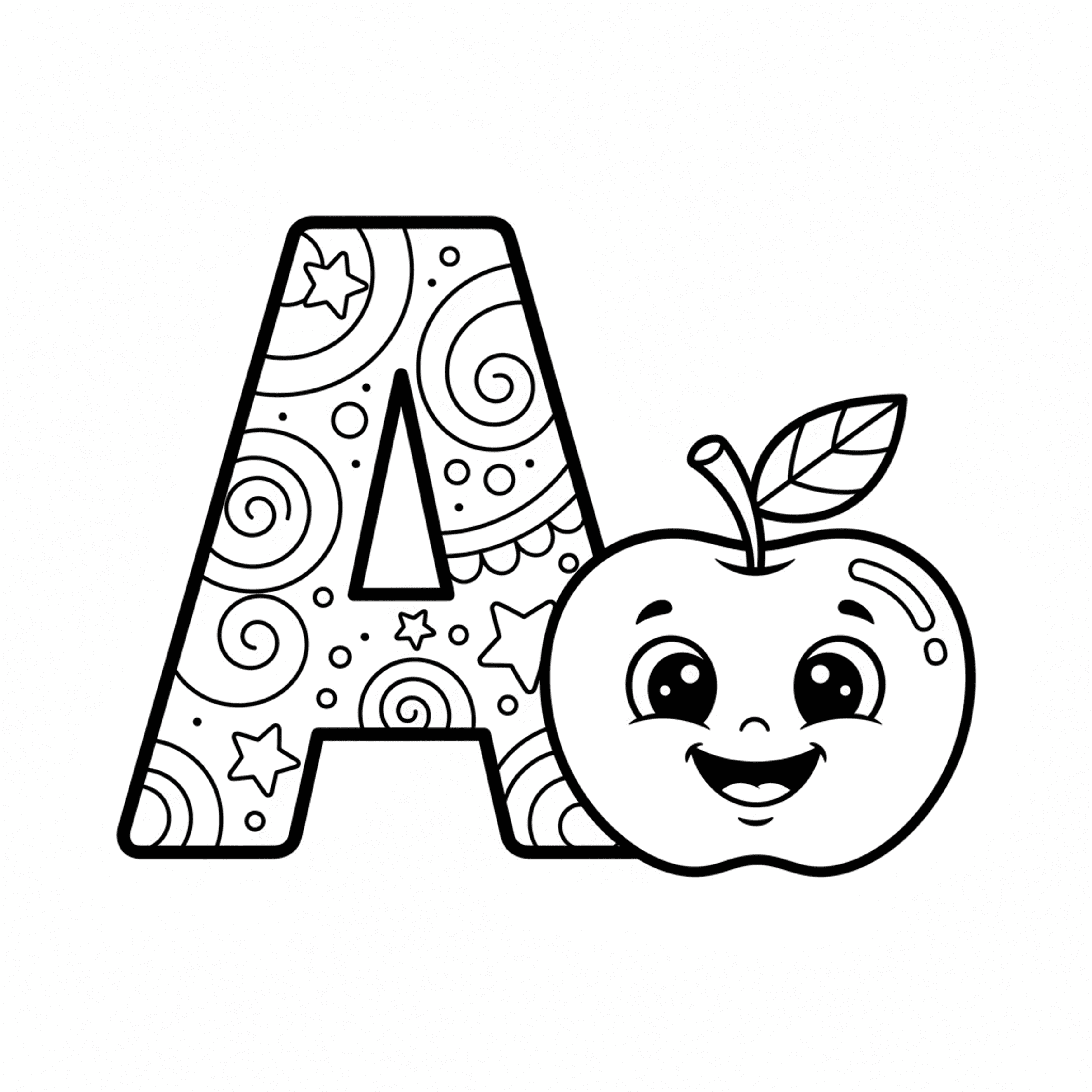 Letter A with Apple - free printable coloring page