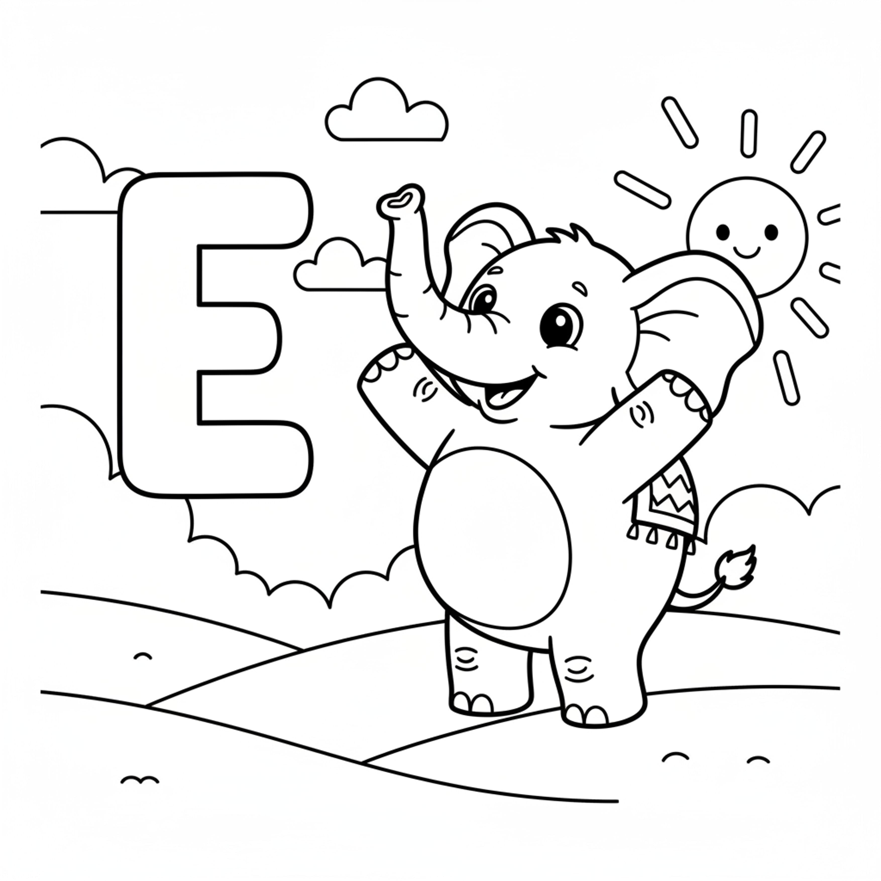 Letter E with Elephant - free printable coloring page